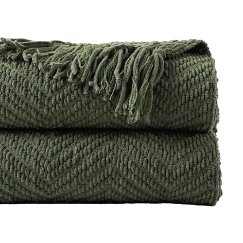 BATTILO HOME Olive Green Chenille Throw Blanket for Bed, Knit Throw Blanket,Super Soft Warm Home Decor Throw Blanket with Tassels for Couch,Sofa and Living Room,50" x 60"