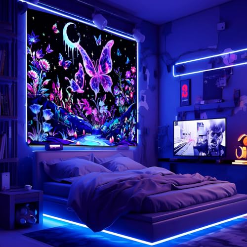 Yuiqear Blacklight Butterfly Tapestry UV Reactive Floral Plant Tapestries Trippy Nature Landscape Wall Tapestries Mysterious Starry Night Sky Tapestry Wall Hanging for Bedroom Decor