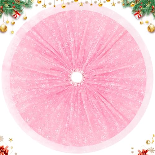 Christmas Wedding Tree Skirt, 4 Layer 47 in Snowflake Tulle Tree Decoration for Party Indoor, Fluffy Tree Cover Mat Ornament for Holiday, Pink