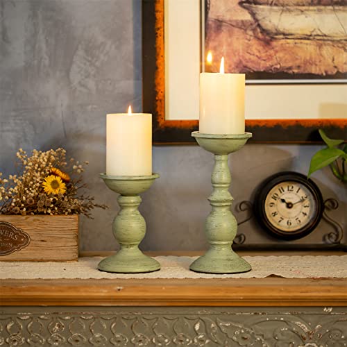 Sziqiqi Pillar Candles Holders for Table Centerpiece, Set of 2, Sage Green