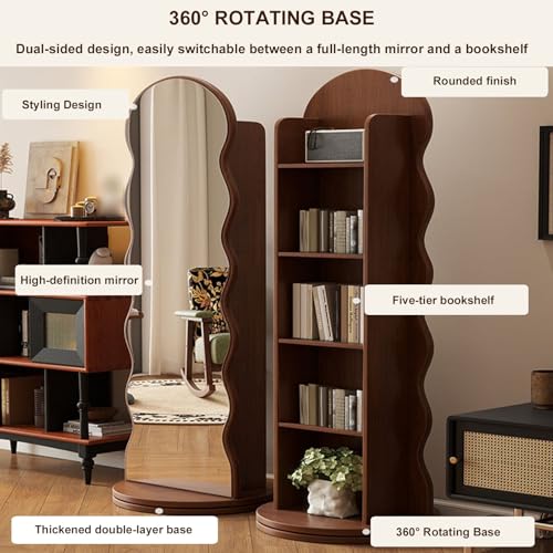 360° Rotating Full Length Mirror with Bookshelf & Magazine Rack, Floor-Standing Body Mirror for Bedroom, Living Room & Study Room, 66.9" Tall Dressing Mirror