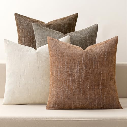 MIULEE Pack of 4 Decorative Throw Pillow Covers 18x18 Inch Brown Chenille Textured Throw Pillows Boho Farmhouse Rustic Cushion Covers for Vintage Modern Home Decor Couch Sofa Bed Living Room