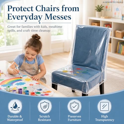 2 Pack Clear Plastic Dining Chair Covers, Waterproof Dining Chair Protectors with Backrest, PE Chair Seat Covers for Kitchen, Dining Room, Kids Messes, Pet Hair, Cat Claws, Fits 21" x 18" Seat