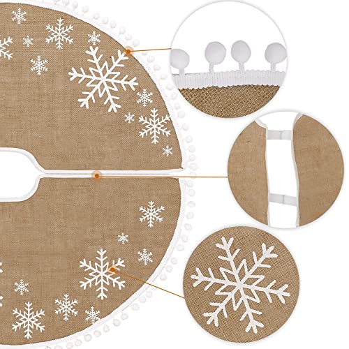 MACTING Christmas Tree Skirt, 30 Inch Small Burlap Tree Mat with White Large Small Snowflake Patterns Pom Poms for Holiday Party Indoor Home Christmas Tree Decorations