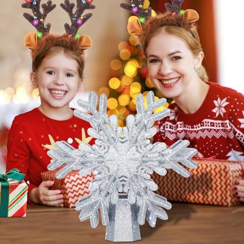AOMIL Christmas Tree Topper, 3D Rotating Silver Snowflake Pattern Projector for Xmas Tree Topper, Hollow Design Christmas Decorations, Christmas Decor