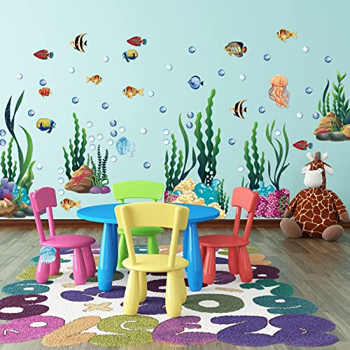 300 Pcs Ocean Wall Decals Stickers Under The Sea Ocean Animal Peel and Stick 2 Sheets Large Coral Reef and Seaweed, Bubbles Vinyl Sticker for Kids Toddler Baby Nursery Living Room Office Bathroom