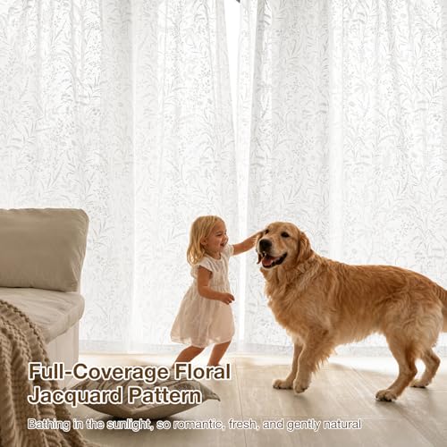 Anmao White Semi Sheer Light Filtering Curtains 84 Inches Long 2 Panels, Leaf Pattern Drapes for Living Room Bedroom, Rod Pocket Sheer Window Treatments with Floral Design, 52x84 Inch