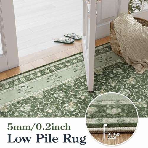 Lahome Green Washable Runner Rug, Low Plie Soft 2x6 Runner Rug Non Slip Kitchen Runner, Vintage Floral Carpet Runners for Bedroom Entryway Bathroom (2'x6', Green)