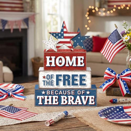 Yuntau 4 Pcs 4th of July Patriotic Table Decor Home of The Free Because of The Brave Wood Sign Red White Blue Table Centerpiece 250th Anniversary Independence Day Decor for Home Indoor Office Shelf