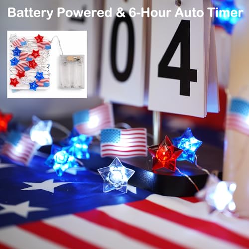 BOHON 4th of July Decorations Battery Operated String Lights with Timer 13 ft 40 LEDs Red White and Blue Star American Flag Lights for Home Patriotic Memorial Independence Day Fourth of July Decor