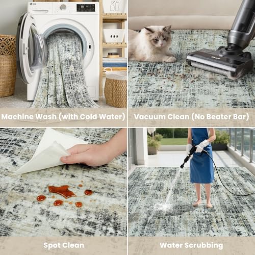 8x10 Washable Area Rug for Living Room Bedroom: Non-Slip Modern Black Gray
