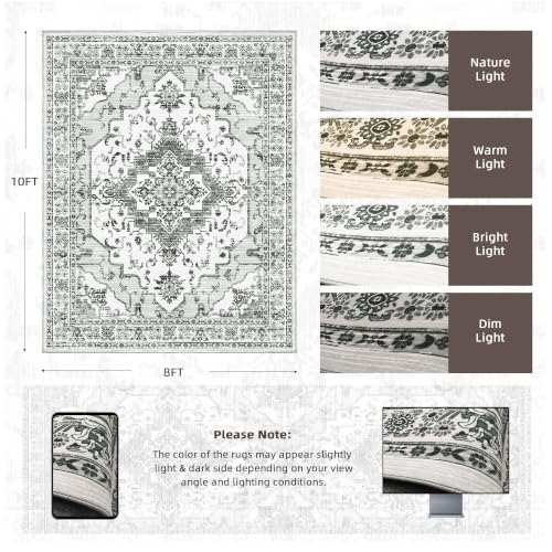 8x10 Washable Area Rug for Living Room, Light Grey