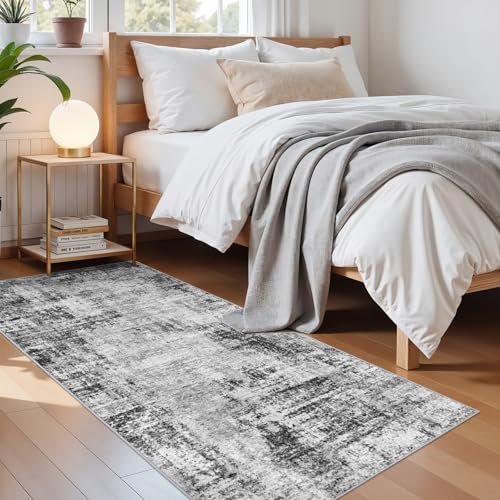 2x6 Washable Kitchen Runner Rug: Abstract Non Slip Throw Door Mat Black