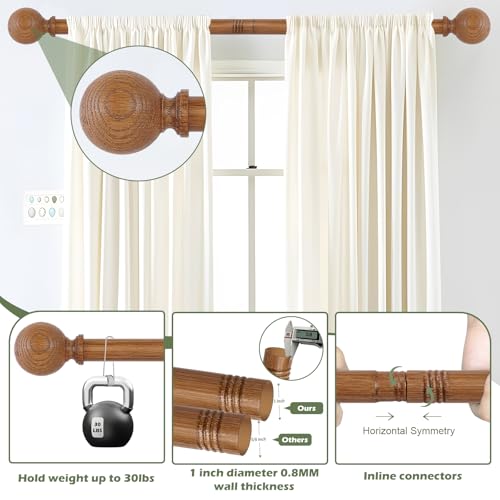 2 Pack Wood Curtain Rods for Windows 28 to 48 Inch,1 Inch Wood Grain Ball Adjustable Curtain Rod,Boho Heavy Duty Curtain Rods,Farmhouse Rustic Window Curtains Rods,Brown Drapery Rods Set 18-45"