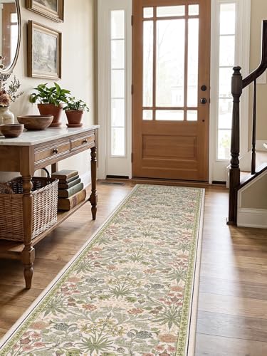 2x10 Floral Runner Rug for Hallways: Non-Slip Machine Washable Long Rugs Boho Soft Rugs for Kitchen,Laundry,Bedroom,Bathroom - Botanical Low Pile Indoor Carpet Runners with Rubber Backing 2x10 Beige