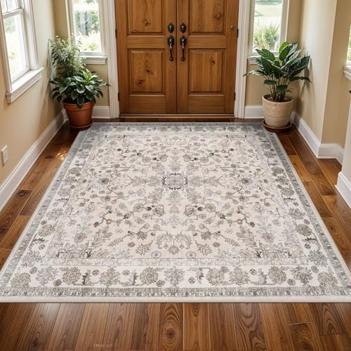 5x5 Square Washable Rug for Living Room: Non Slip Indoor Entryway Foot Carpet for Kitchen, Boho Soft Beige 5ftx5ft Low Pile Neutral Area Rug for Dining Room Bathroom (Beige, 5x5)