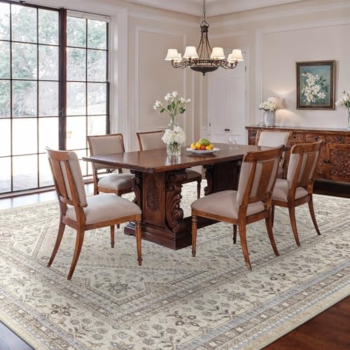 10x12 Washable Area Rug for Living Room - Non-Slip Vintage Rugs Beige Gray