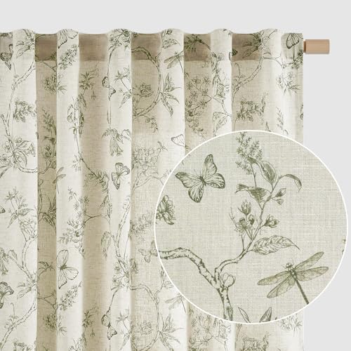 Lazzzy Charlotte Green Floral Curtains 84 Inch Length Linen Farmhouse Curtain Back Tab Drapes for Living Room Bedroom Light Filtering Vintage Rod Pocket Curtains, 2 Panels, Green on Beige