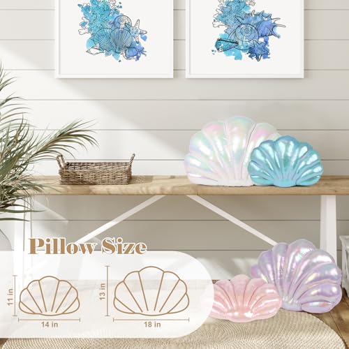 Marble Empire Seashell Pillow - Holographic Iridescent Foil Fabric Throw Pillow for Couch, Coastal Beach Theme Decor, Ocean Themed Bedroom Living Room Accent Pillow（Pearl White,18×13''）