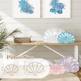 Marble Empire Seashell Pillow - Holographic Iridescent Foil Fabric Throw Pillow for Couch, Coastal Beach Theme Decor, Ocean Themed Bedroom Living Room Accent Pillow（Pearl White,18×13''）