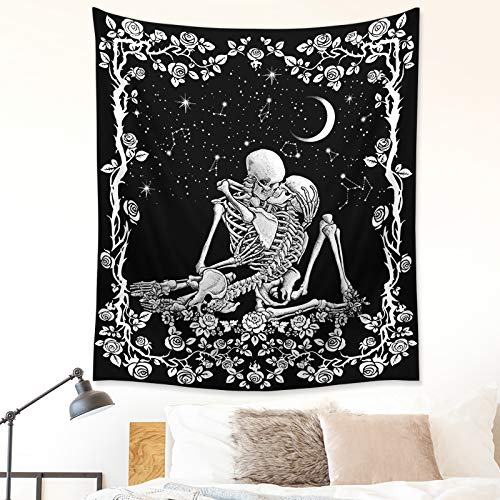 Wonrizon The Lovers Skull Tapestry,Black and White Romantic Constellation Skeleton Tapestries Wall Hanging decor for Living Room Bedroom (51.2”x 59.1”)
