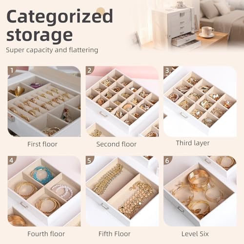 BOOVO Large Jewelry Box for Women, 6 Layer Jewelry Organizer with 5 Drawer and Side Doors & Necklace Hooks, Leather Jewelry Storage Boxes for Earrings, Rings, Bracelets
