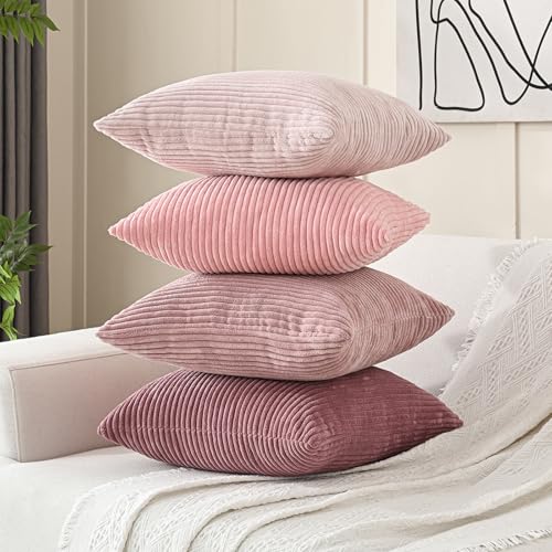 Volcanics Set of 4 Pink Corduroy Couch Throw Pillow Covers 18x18 in