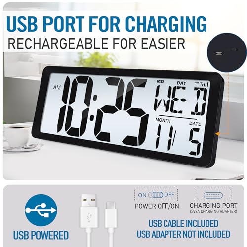 4.6" Numbers Display Built-in Rechargeable Power 15" Atomic Black Wall Clock -Night Display-Never Needs Setting!-Easy to Read Numbers-Never Need Replace Battery