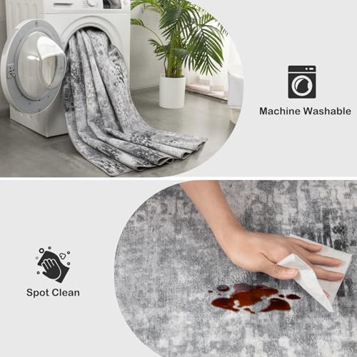 Kelarea Living Room Rug 4x6 Grey Area Rug Machine Washable Rugs, Non Slip Abstract Vintage Indoor Carpet for Bedroom, Nursery, Classroom, Dining Room, Home Office