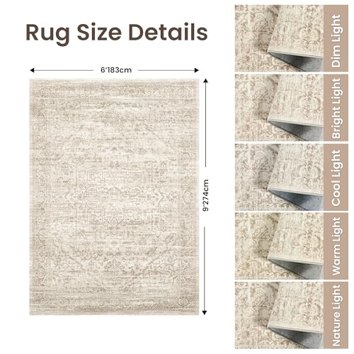Rugland 6x9 Area Rugs for Living Room, Vintage Washable Area Rug, Beige