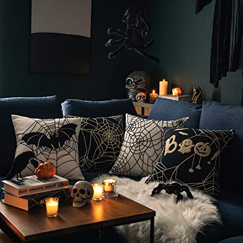 Phantoscope Bundle -Pack of 4 Outdoor Water Resistant Throw Pillow Inserts 18 Inches & Set of 4 Happy Halloween Decorative Throw Pillow Covers