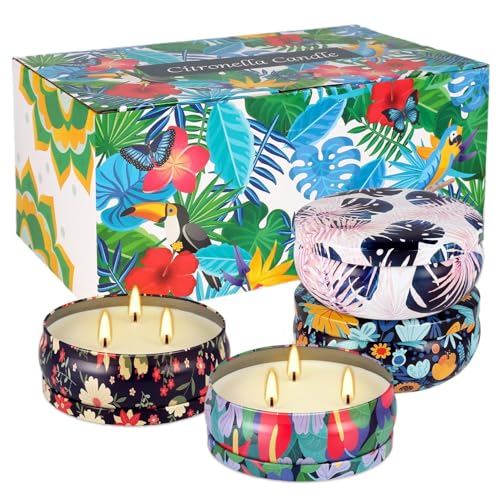 Tropical Printed Citronella Candles, Set of 4 x 13.5 oz Large Scented Candles with Natural Cotton Wicks - Made with Natural Soy Wax, for Home, Patio, Garden, Camping or as a Summer Housewarming Gift