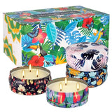 Tropical Printed Citronella Candles, Set of 4 x 13.5 oz Large Scented Candles with Natural Cotton Wicks - Made with Natural Soy Wax, for Home, Patio, Garden, Camping or as a Summer Housewarming Gift