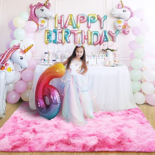 4x6 Tie-Dyed Pink Area Rug for Kids Bedroom Living Room, Fluffy Shag Soft Plush Furry Carpet, Non-Slip Indoor Floor Mat for Dining Room Home Decor