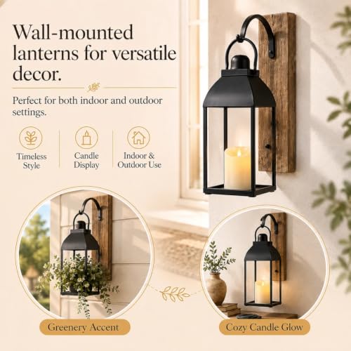 Lanterns Decorative Indoor 15" 11" Set of 2 Black Metal Lantern with Candle