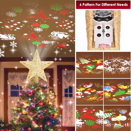 Winpull Christmas Tree Topper Lighted with 6 Pattern Projection Modes, Christmas Star Tree Topper Built-in LED Rotating Lights, Gold 3D Glitter Dynamic Projector for Christmas Decorations