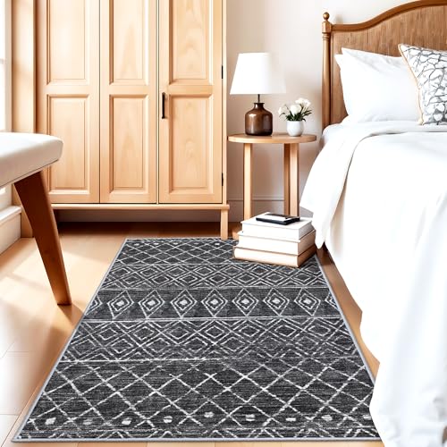 3x5 Washable Moroccan Area Rug: Ultra Soft Low Pile Non Slip Rugs Black