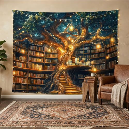 GOAOK Fantasy Library Tapestry For Classroom, Mysterious Tree Magic Bookshelf Aesthetic Tapestries, Witchy Fairytale Tree Vintage Bookshelf Book Art Tapestry Wall Hanging College Room Bedroom, 60"X40"