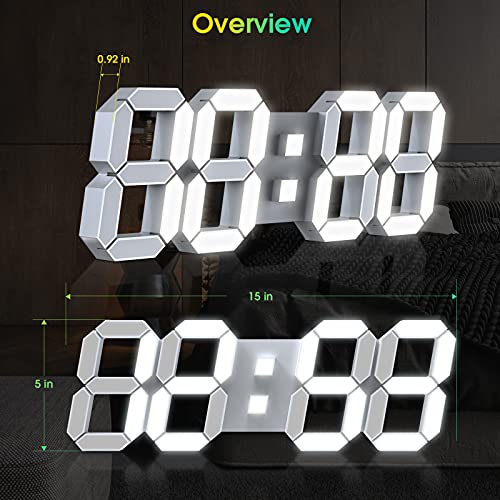 15" 3D LED Digital Wall Clock, Large Decor Wall Clock | 12/24H Time, Date & Temperature Display, Adjustable Brightness for Office, Living Room, Meeting Room & Kitchen
