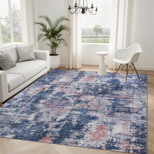 Sasttie 5x7 Washable Area Rug, Modern Abstract Carpet, Pink & Blue