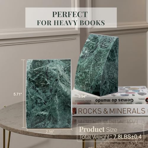 Marble Bookends for Shelves, 8Lbs Large Stone Bookends for Heavy Books, Non-Slip Heavy Duty Book Stopper, Modern Decorative Book Ends for Bookshelf Table Home Decor(Green)