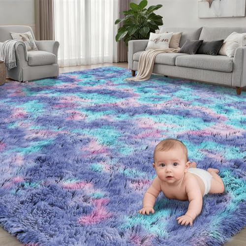 Area Rug Living Room Bedroom: 6x9 Fluffy Plush Shag Carpet Rainbow