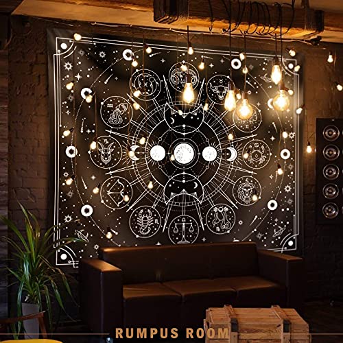 Zodiac Astrology Tapestry - Black and White Constellation Wall Hanging for Teen Girl's Bedroom, Living Room, Dorm (51x59 inches)