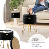 Round Ottoman with Storage, Textured Velvet Storage Ottoman, Foot Stool Ottomans, Makeup Vanity Stool, Small Ottomans Foot Rest, Modern Vanity Stools for Living Room and Bedroom, Black
