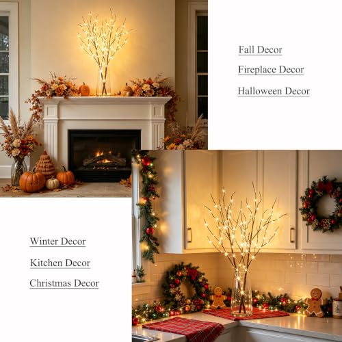 Hairui Lighted Brown Branches Battery Operated with Timer 32IN 100 LED Fairy Lights, Willow Branch Lights for Home Bedroom Fireplace Christmas Holiday Decoration Indoor Outdoor Use (Vase Excluded)
