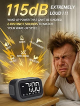 Acedeck Super Loud Alarm Clock: 115dB Dual Alarms and 6 Alarm Sounds for Heavy Sleepers - Adult Shift Workers in Bedroom or Daily Wake-Up Use - Gray