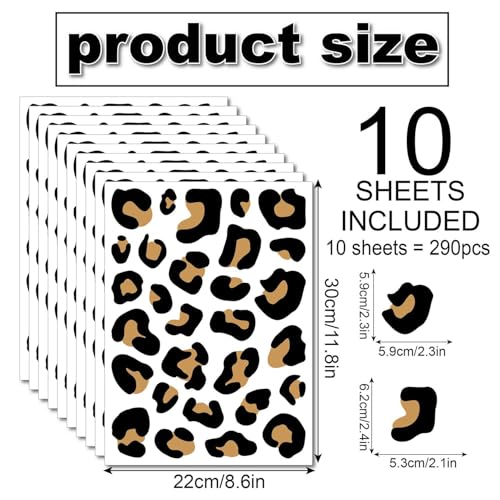 10 Sheets 290Pcs Leopard Wall Decals Removable Peel & Stick Wall Stickers Self-Adhesive Animal Print Vinyl Decor for Nursery,Car,Door,Home,Bedroom,DIY Easy Installation