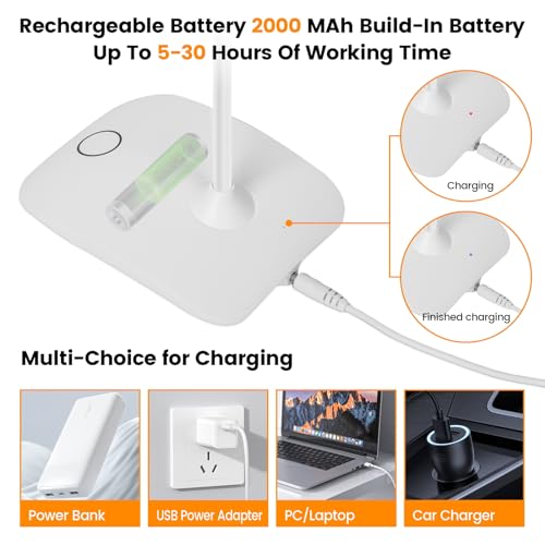 Battery Powered Desk Lamp, Portable Lamps Rechargeable 3 Color Modes Touch Control Stepless Dimming, Wireless Desk Lamp with 2000mAh, Small LED Table Light for Dorm Study Office Bedroom,White