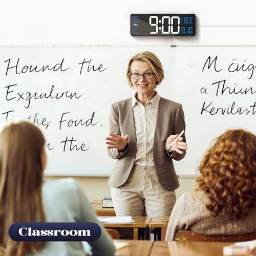 Digital Wall Clocks for Classroom, 16" Large Display Digital Electric Clock with Remote Control, Date, Week, Alarm, Temperature, Night Light for Living Room, Bedroom, Gym, Office(Blue)