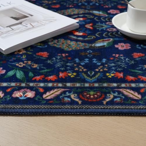 Rugcomf Round Area Rug 4ft Floral Washable Non Slip, Blue